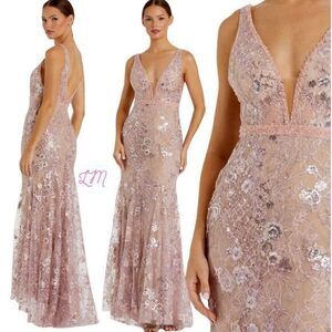 Mac Duggal 67481 Floral Embellished‎ Plunge Neck Gown Size 4 Rose Pink